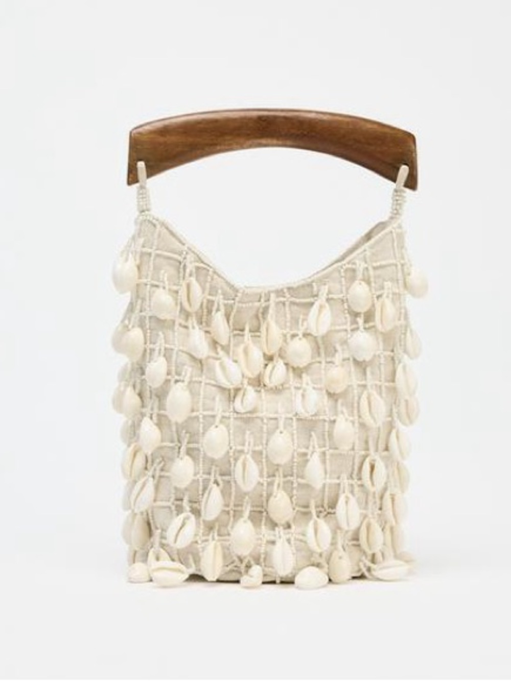 ZARA FABRIC BEADED SHELL BUCKET BAG WOODEN HANDLE NWT